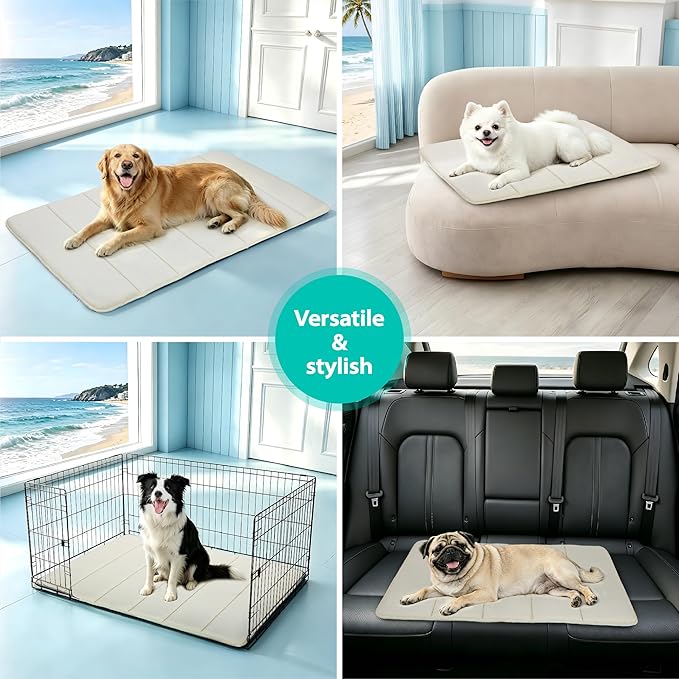 Cooling Dog Mat Q-Max>0.5 - Rapid Cooling Tech, Thin Breathable Crate Pad, Portable Washable Summer Mat, Chill Soothing Fabric - 35"x23" Large Dog, Dark Beige