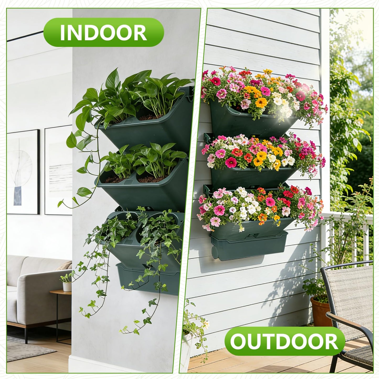 3-Tiers Vertical Wall-Mounted Planter with 6 Pots Vertical Garden Living Wall Planter Indoor Self-Watering Soil-Water Separation Stackable Plastic Planter for Herb Vegetable Flower Succulent (Green)