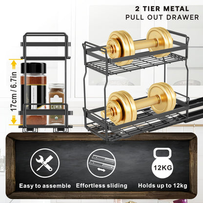 WOAHKIT 2 Pack Pull Out Spice Rack Organizer for Inside Kitchen Cabinets, Heavy Duty Slide Out Seasoning Kitchen Organizer, 2 Tier Vertical Sliding Seasoning Organizer, 10.5" D x 5.1" W x 9.6" H