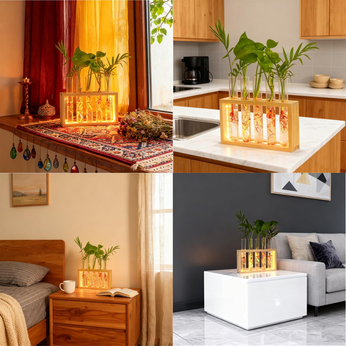 Plant Propagation Station with LED Lights, Plants Terrarium with Wooden Stand, 5 Glass Test Tube Vases for Propagating Hydroponic Plants Cutting Office Home Desk and Garden Decor Gift for Plant Lovers