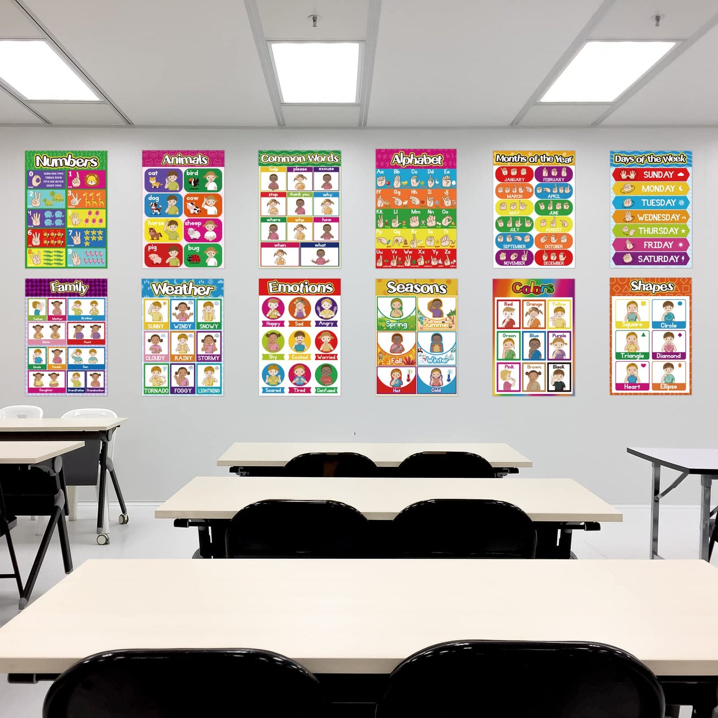 Sign Language Poster ASL Poster for Classroom 12 Pieces ASL Posters Sign Language Flash Cards for Toddlers Kids Students Classroom Decoration