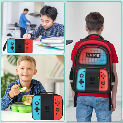 JIRAIKEI Kids Backpack for Boys,3pcs Boys Backpack with Lunch Box Set for Children Teens Elementary Middle School,Gamer Bookbag Ages 6-18,School Bookbag Travel Back Pack,17″ Large Capacity