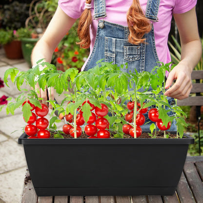Lysjtsr 12Pcs 17Inches Rectangle Planter Box with Drainage Holes and Trays Plastic Planters Flower Boxes Pots for Indoor Outdoor Plants Patio Garden Home Decor Porch Yard (Black)
