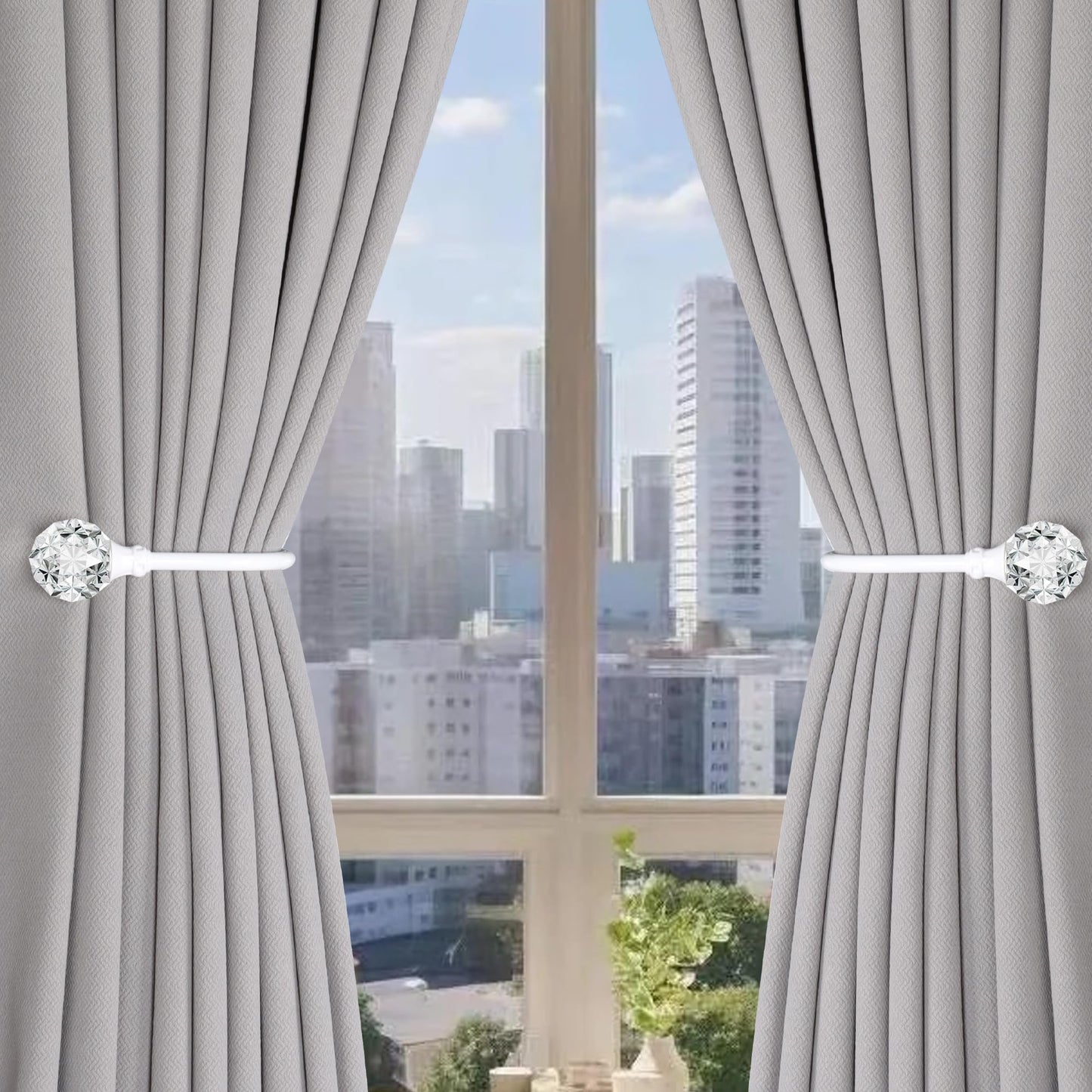 Groleca 2 x Heavy Duty U Shaped Metal Curtain Holdbacks Curtain Tiebacks with Clear Crystal Ball Pull Backs Curtain Holders for Drapes (White)