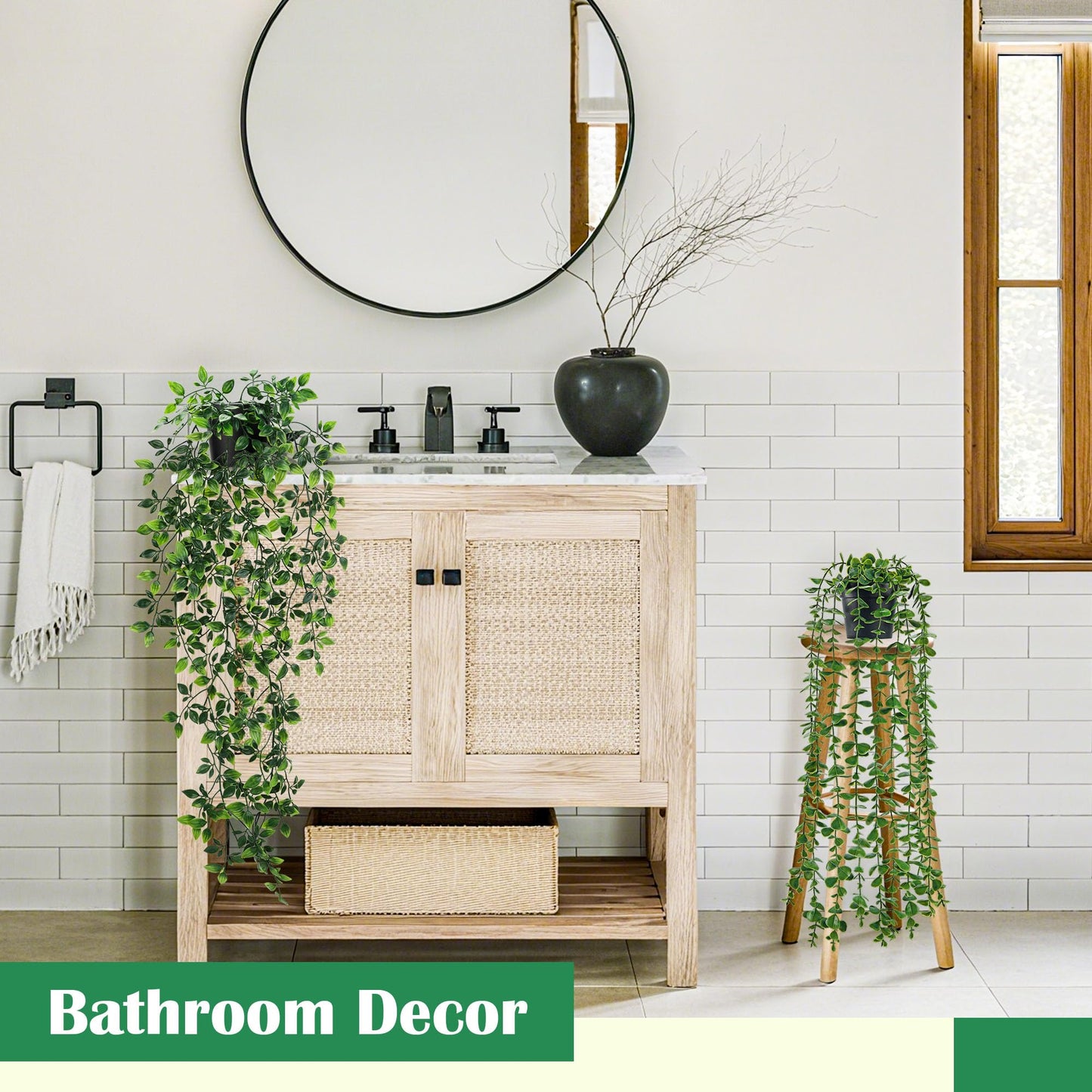 Der Rose 8Pcs Fake Hanging Plants in Black Pots Artificial Ivy Vines Faux Eucalyptus Plants for Bathroom Bookshelf Wall Shelf Decor Indoor