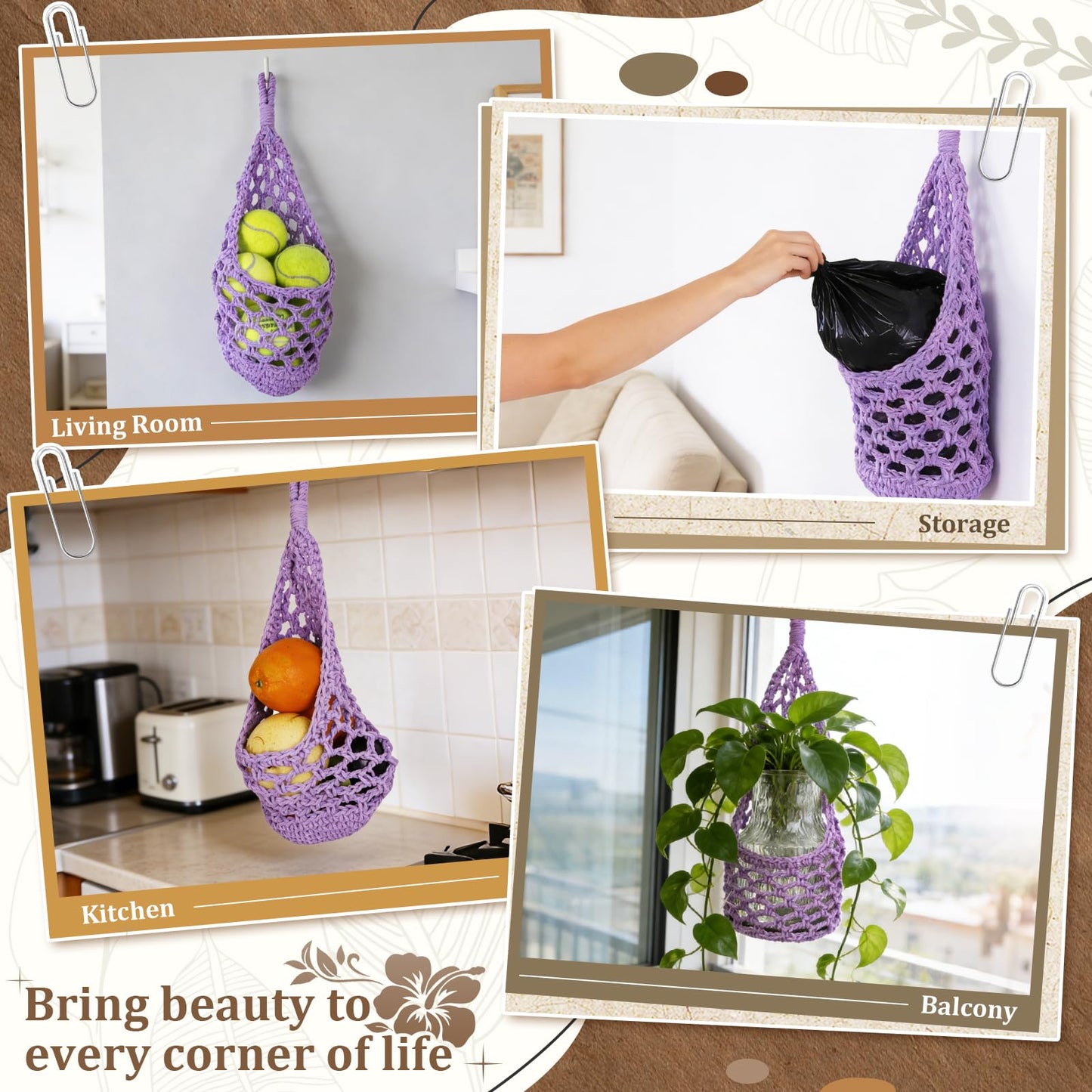 HOREAKHJ Macrame Wall Plant Hanger, Hanging Planter Basket Holder, Wall Planters for Indoor Plants, for Up to 6 Inch Pot (Purple, 6-Inch)