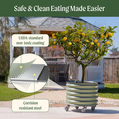 Rolling Metal Citrus Tree Planter, Self-Watering Round Large Pot for Growing Trees Tomatoes Outdoor Plants Vegetables and Flowers, Raised Garden Bed with Wheels for Porch Patio & Backyard, Modern Gray
