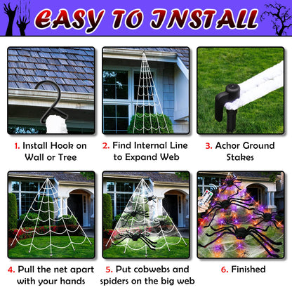 Kenburg 23Ft Light Up Spider Web Halloween Decorations Outdoor, 180 Orange and Purple LED Giant Web, 24 Spiders & 60g Stretch Cobweb Decor, 8 Modes Scary Lights for Outdoor Yard