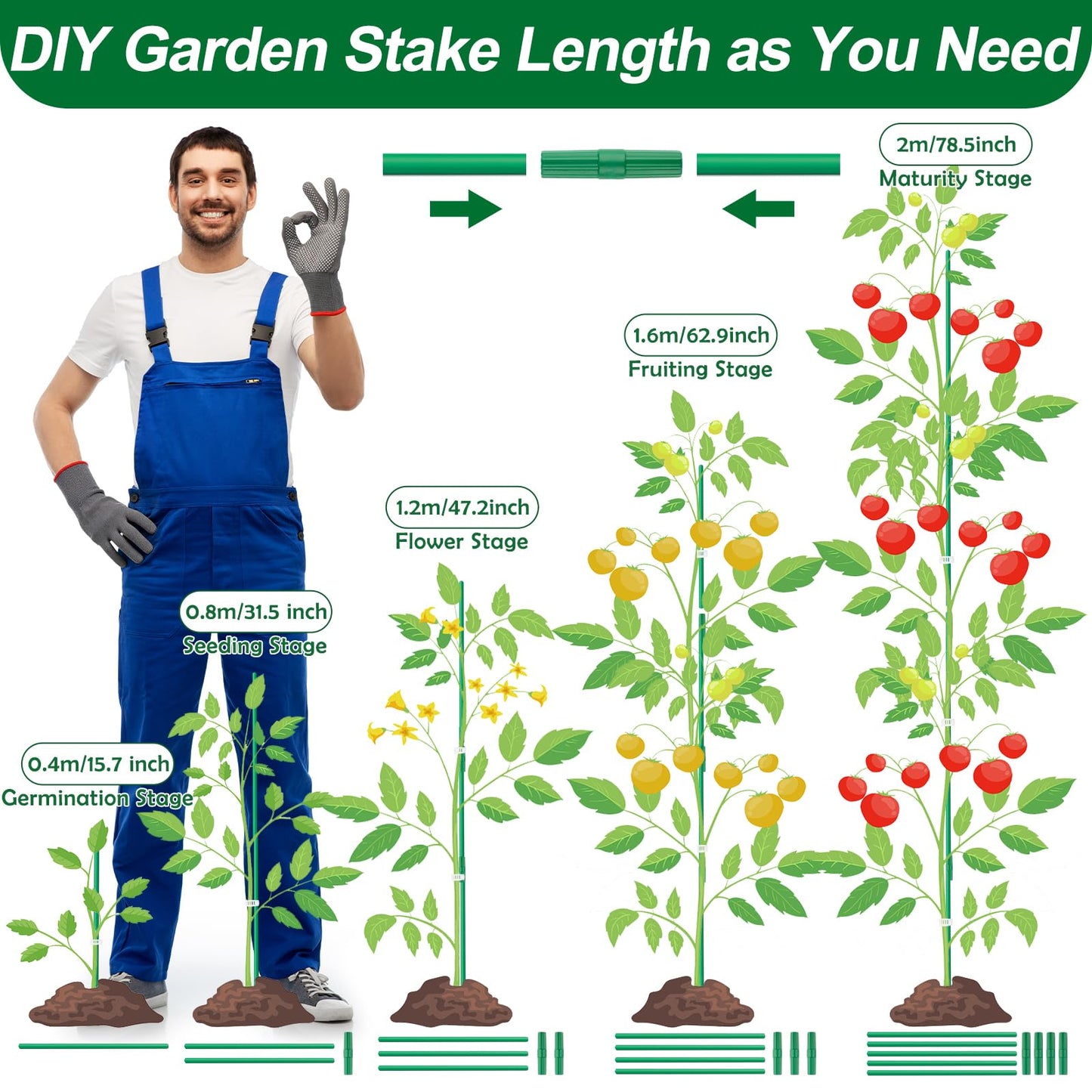 Qinzave 256PCS Garden Stakes Set with 75PCS 16 Inch Fiberglass Plant Sticks and Stake Arms, DIY 4ft 5ft 6ft 7ft 8ft Tomato Stakes, Garden Stakes for Vegetables Tomato Pepper Indoor Outdoor Plants