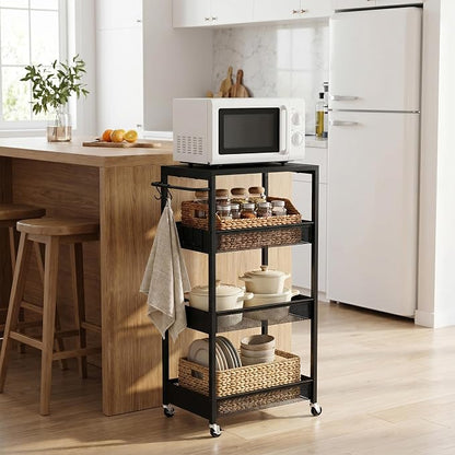 Rolling Utility Cart, 4 Tier Metal Storage Cart with Handle and Wood Top, Multifunctional Mobile Shelf Unit Organizer Trolley for Laundry, Bathroom, Kitchen
