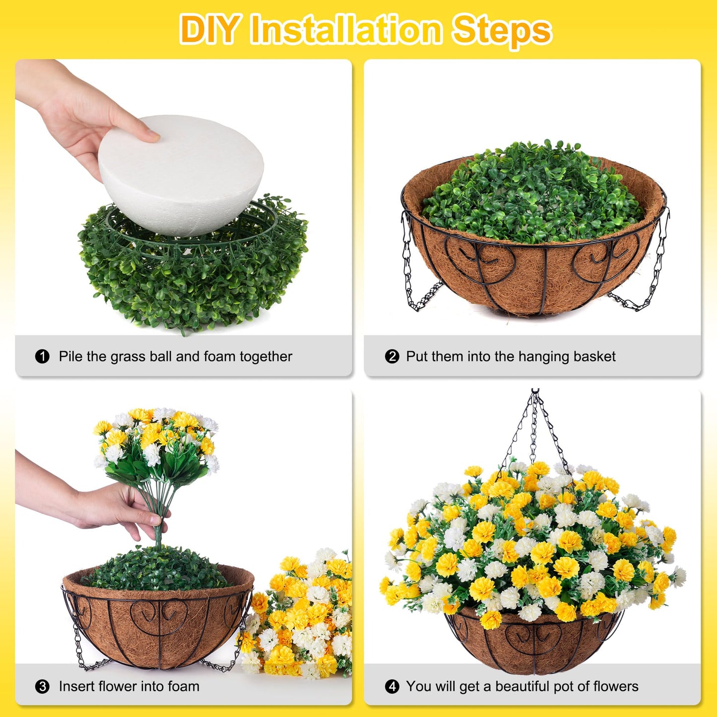 Artificial Hanging Flowers Basket for Spring Outdoors Decoration, Silk Mums Fake Flowers UV Resistant Look Real Daisy with Coconut Lining Baskets for Outside Porch Courtyard Decor(Yellow and White)