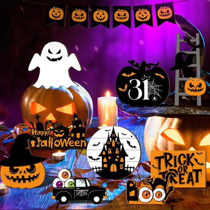 Geetery 18 Pcs Halloween Tiered Tray Decorations Set Wooden Halloween Table Decorations Plush Gnome Pumpkin Ghost Boo Wood Block Sign for Tiered Tray Party Decor Home Supplies