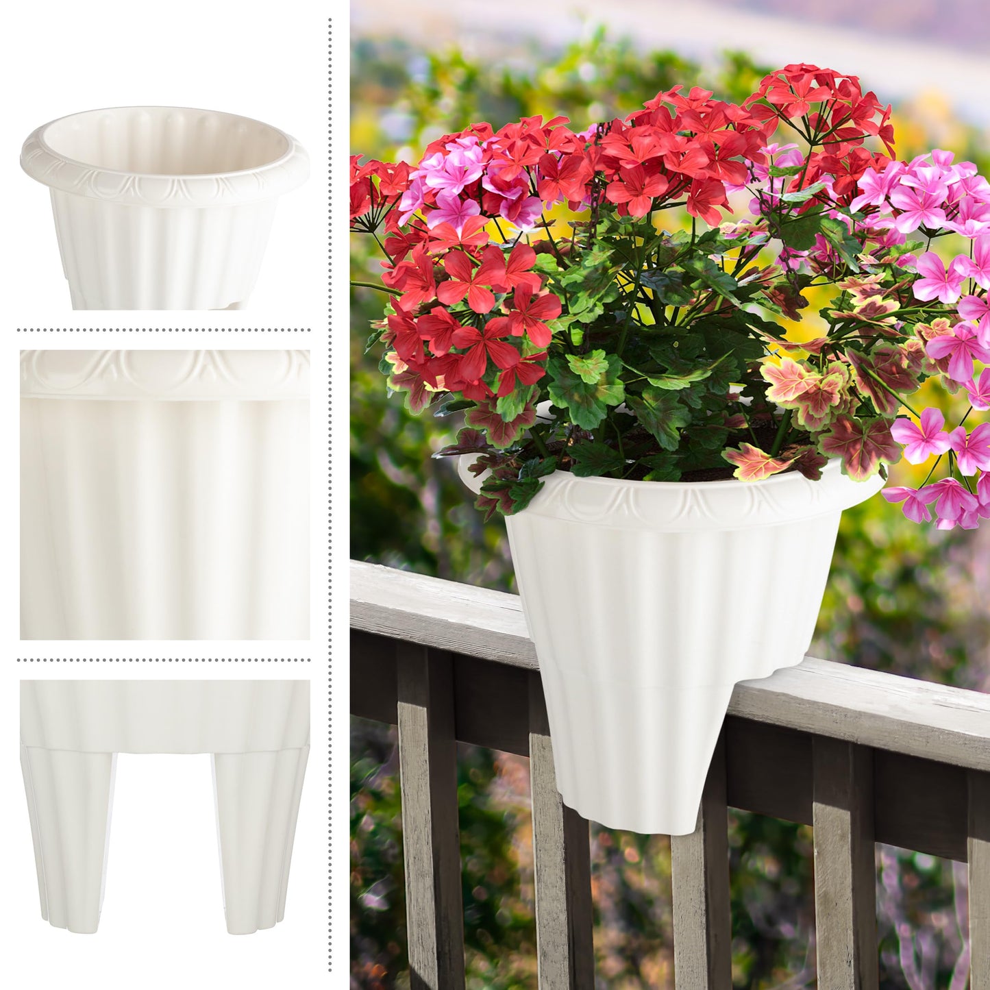 Railing Planter Box 2-Pack - 13.5-Inch Round Outdoor Flower Pots with Drainage Inserts - 2.64-Gallon Outdoor Planters for Porch, Deck, Fence, or Balcony Railings 3” - 3.75” Wide by Pure Garden (White)