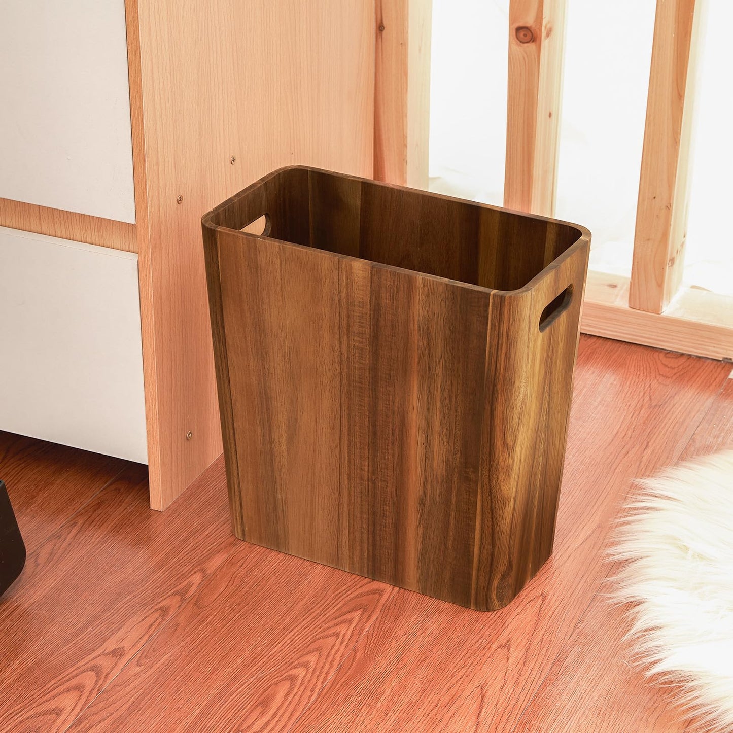 LiTY 3 Gallons Wooden Wastebaskets, Solid Acacia Wood Waste Basket with Handles, Rectangular Trash Can, Garbage Bin for Bedroom, Bathroom, Kitchen, Living Room, Office Decorative