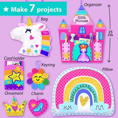 KRAFUN My First Sewing Kit for Kids Ages 5-8 - Princess & Unicorn Crafts for Girls - Make 7 DIY Felt Plush Toys with Pre-Punched Holes & Safe Plastic Needles - Educational Beginner Craft Set