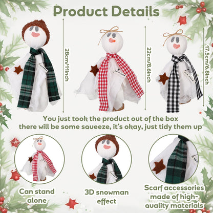 SmoothNovelty 3 Pcs Christmas Snowman Decoration Let It Snow Snowman Ghost Table Centerpiece Winter Snow Man Figurine Wooden Tabletop Decor for Xmas Home Party Favor Gift