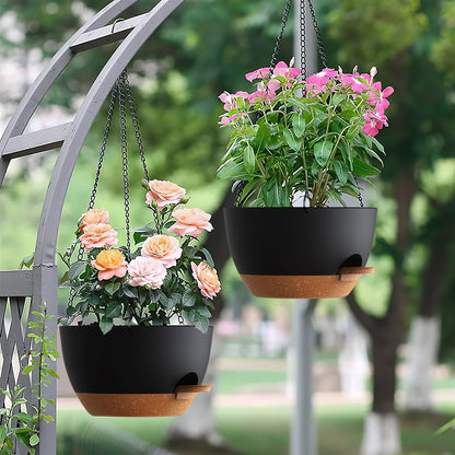 UOUZ Set of 3-10 Inch Self Watering Hanging Planters for Indoor Outdoor，Hanging Plant Pots with Drainage & Removable Tray, Hanging Pots Holder for Ivy, Pothos, Ferns, Balcony & Patio, Black with Brown