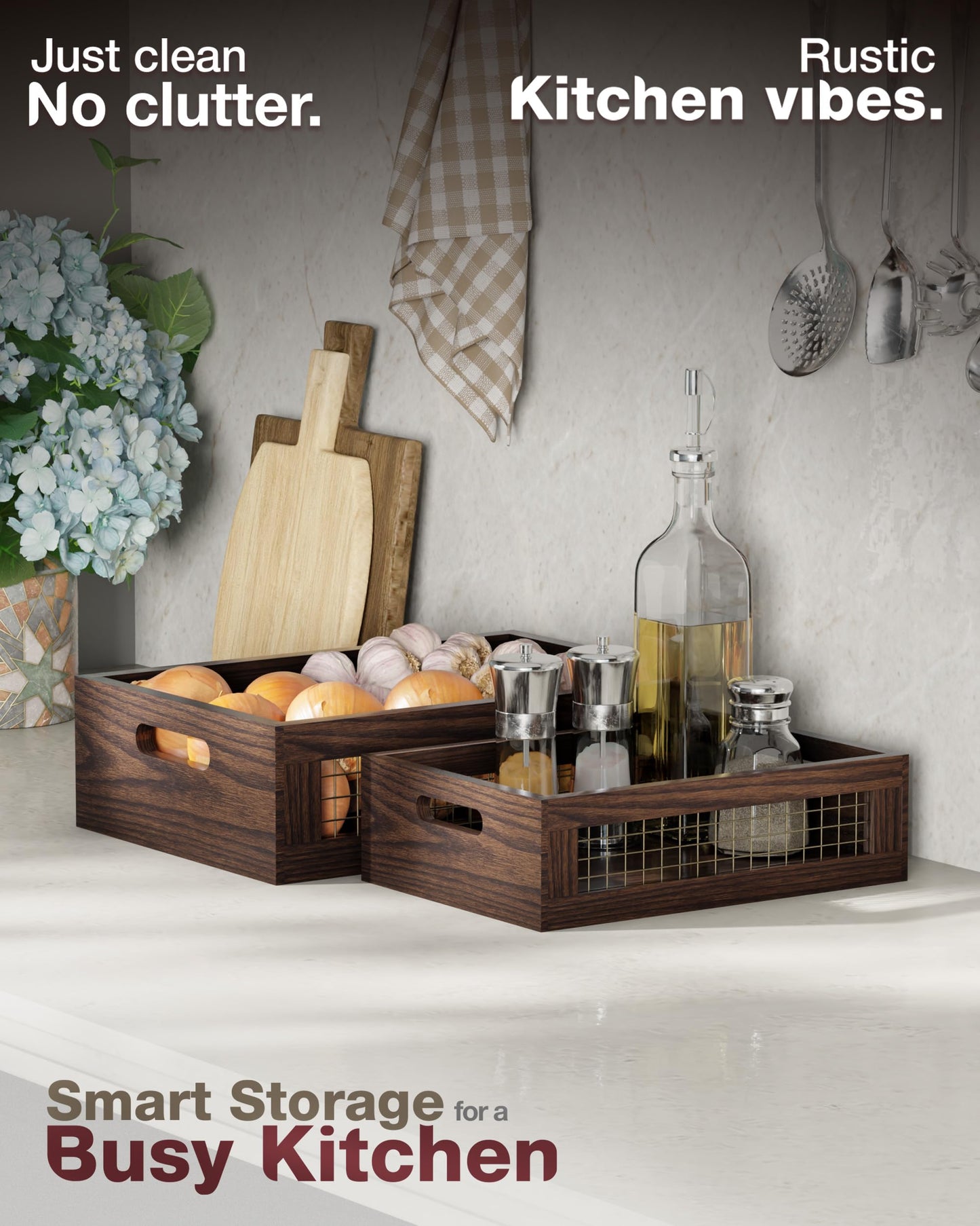 NAGAWOOD Wooden Countertop Baskets Set of 2 for Kitchen, Pantry|Wall Mount Upgrade with Full Accessories| Rustic Nesting Boxes|Wooden Organizer Crates for Vegetables, Produce, Bread