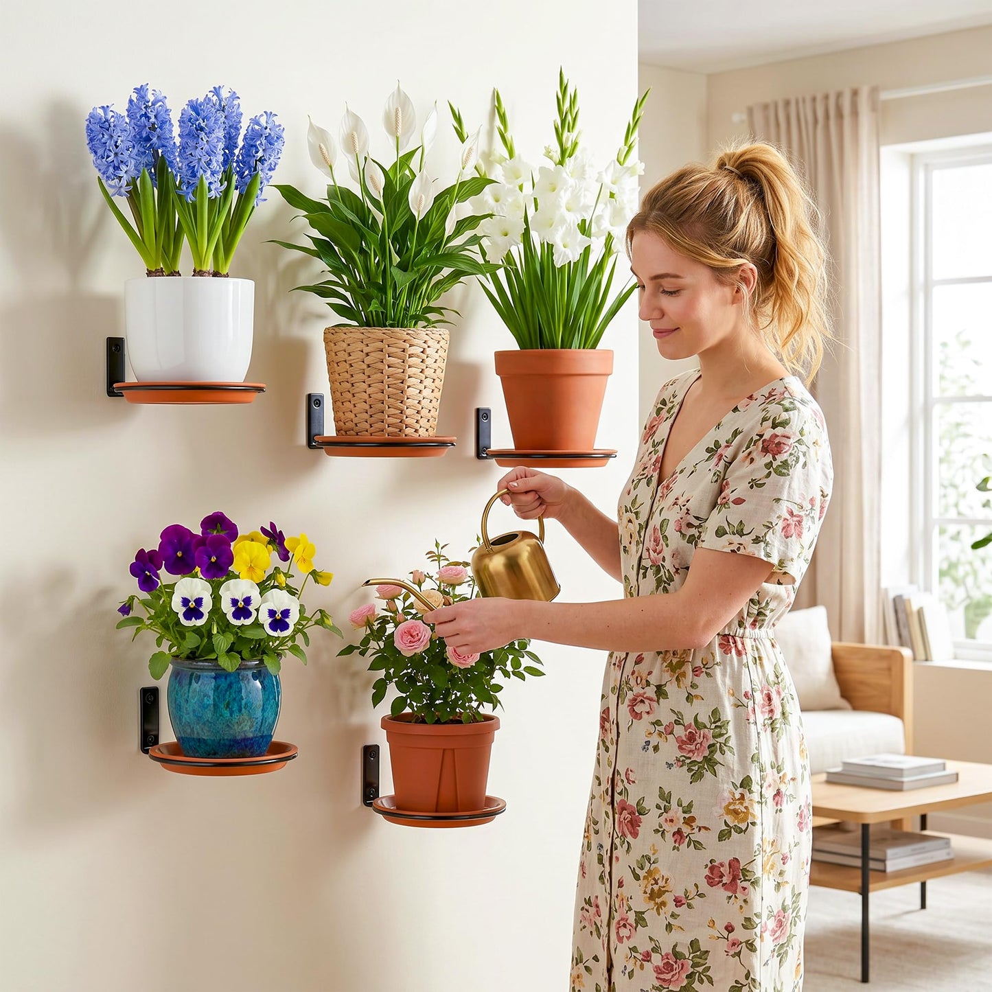 U0U 6 Inch Wall Mount Plant Holder with Plant Saucer Trays, 4 Pack Metal Wall Plant Holder for Wall,Ring Plant Wall Holder for Indoor Plants Bedroom Living Room Balcony Decor