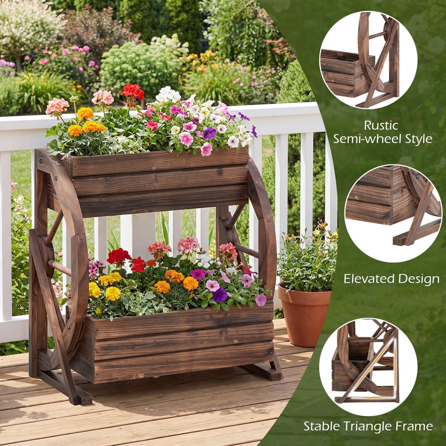 Byroce Wooden Wagon Planter Box, 2-Tier Raised Garden Bed with Drainage Holes for Flowers, Vegetables & Herbs, Indoor Outdoor Decorative Wheel Cart for Patio, Yard & Balcony, Rustic (1)