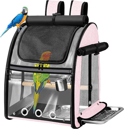Bird Carrier Bag with Indestructible Stainless Steel Mesh, Bird Travel Cage with Stand, Easy to Clean Backpack for Parrot, Portable Bird Travel Bag, Pink