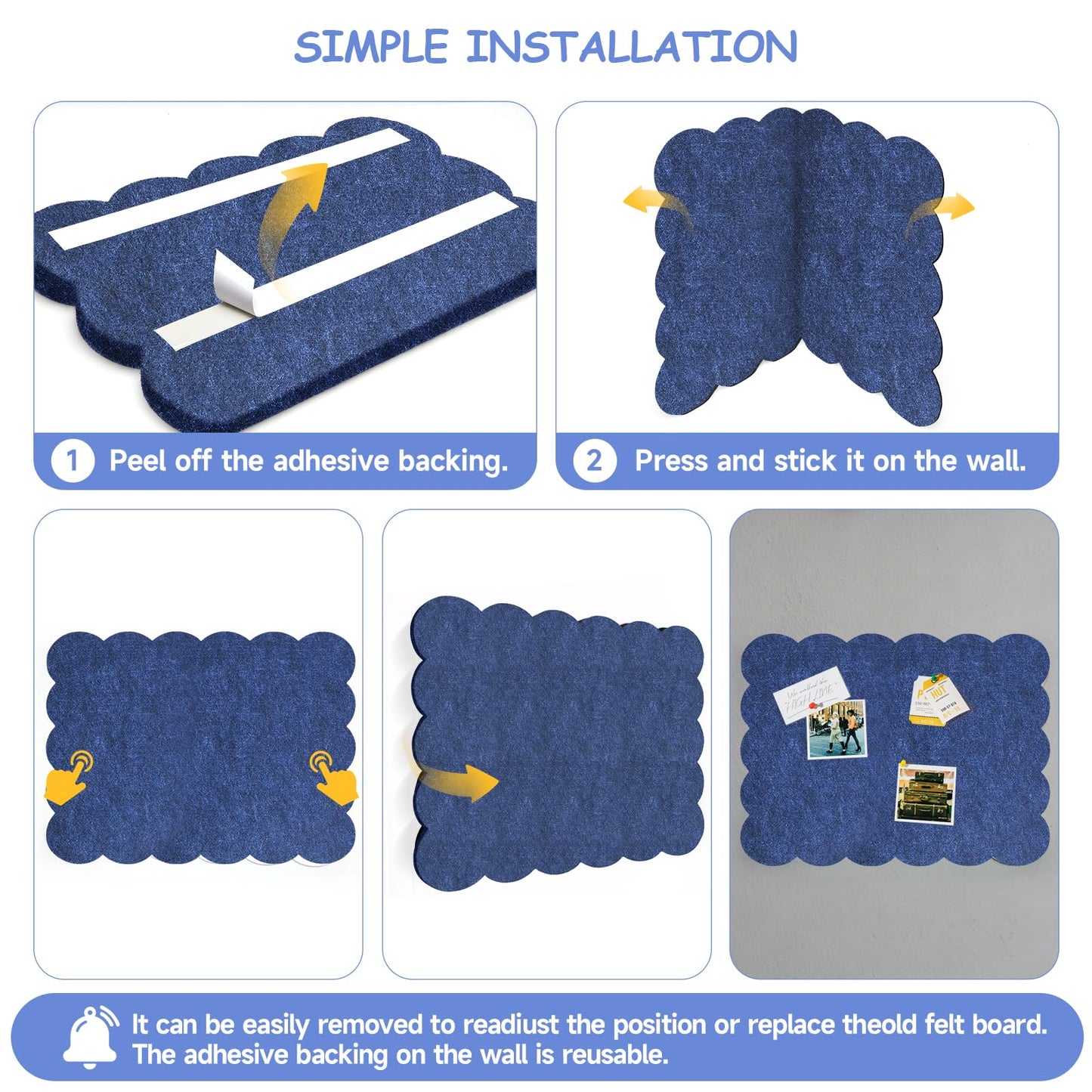 Felt Bulletin Board 24" x 18" Cork Board Alternative,Decorative Felt Pin Board Foldable Cork Boards for Walls Self-Adhesive Cork Board for Home Office Classroom Pin Board (Dark Blue)