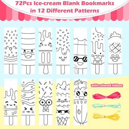 75Pcs Ice Cream Color Your Own Bookmarks for Kids Summer Ice Cream Theme DIY Coloring Blank Bookmark Classroom Art Craft Supplies for Teachers Students Birthday Gift Party Reward Goodie Fillers