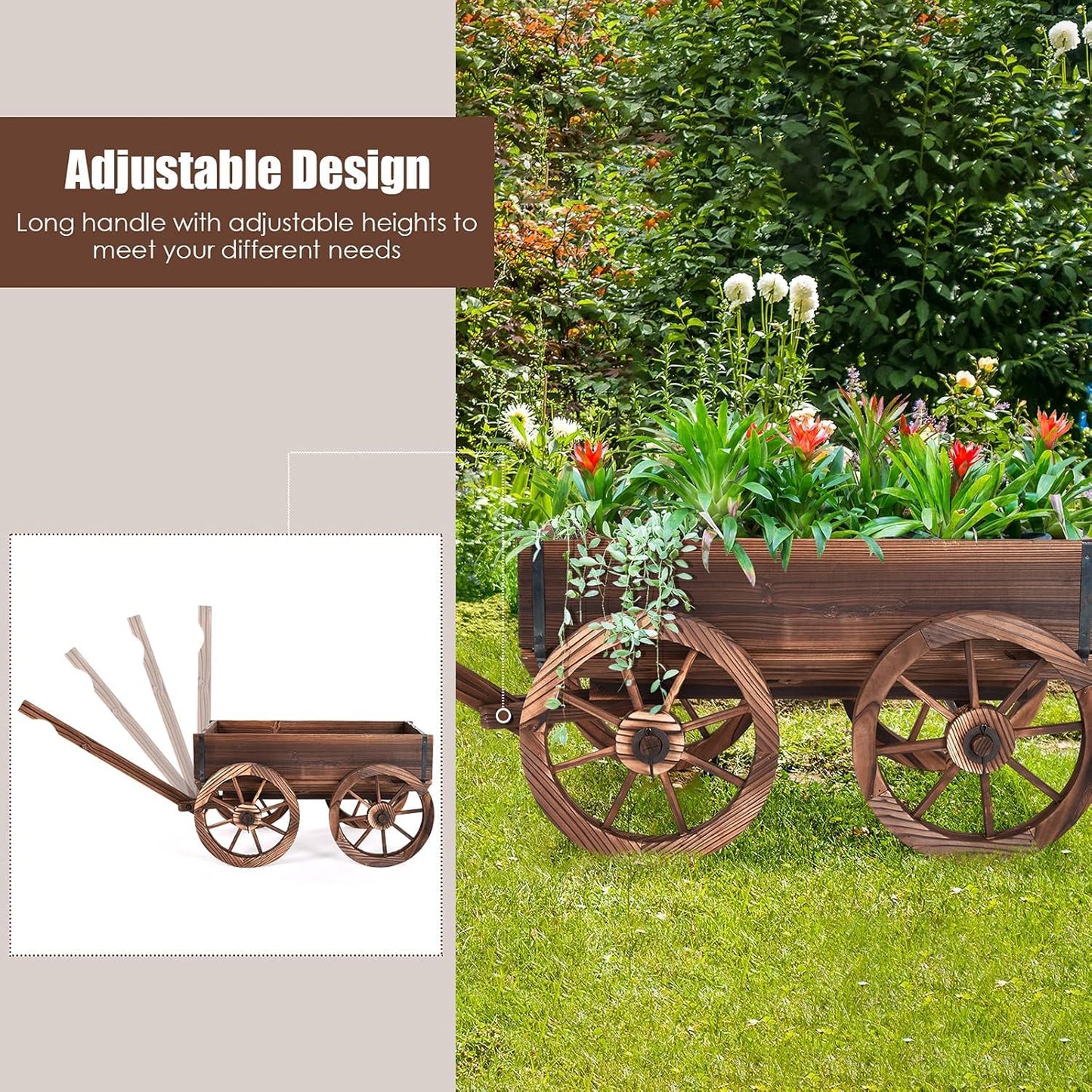 LDAILY Wooden Wagon Planter Pot, Decorative Flower Cart with Handle, Wheels, Drain Holes, Outdoor Rustic Wheelbarrow Planter Stand for Patio, Garden, Backyard, Balcony, Brown