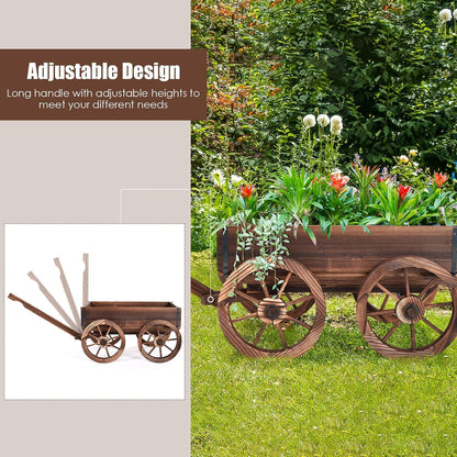 LDAILY Wooden Wagon Planter Pot, Decorative Flower Cart with Handle, Wheels, Drain Holes, Outdoor Rustic Wheelbarrow Planter Stand for Patio, Garden, Backyard, Balcony, Brown