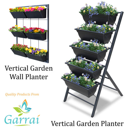 Garraí Vertical Garden Wall Planter. Ideal Indoor or Outdoor Container Gardening. Includes 6 Removable Pots and Wall Mounted Metal Frame. Self Draining Garden for Vegetables, Flowers or Herbs.