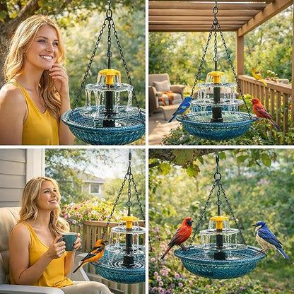 Solar Powered Hanging Bird Bath, Vibrant Blue Multi-Tier Waterfall Fountain for Outside, Easy to Hang Bird Oasis for Garden Decoration, Balcony, for Bird Lovers (Blue)