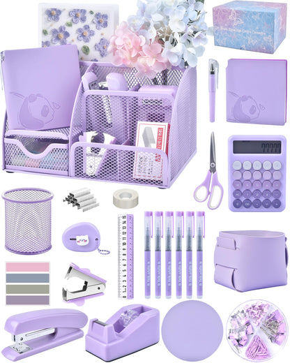 23pc Purple Desk Accessories and Organizers with Mesh Organizer Stapler Tape Dispenser Calculator and a Lot of Office Purple Office Supplies Beautifully Presented in a Gift Box