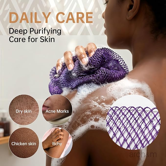 ARCH&M African Net Sponge Authentic Exfoliating Shower & Bath Loofah | 53" Long Back Scrubber, Quick-Dry Mesh Body Sponge, All Skin Types, Sensitive-Skin Friendly, Travel Toiletry Bag