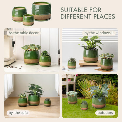3 Piece Ceramic Small Planter for Indoor Plants - Succulent Plant Pots with Drainage Holes and Saucers - 3.4/4.7/6.1 inch Modern Decorative Small Flower Pots for Bamboo, Succulents and Herbs, Green