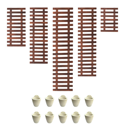 ShopLaLa Bundle- 5 Pack Set Wooden Plant Holder + 10 Pack, 4 Inch White Self Watering Plastic Pots Hydroponic Living Wall Mount Vertical Garden Systerm Rustic Farmhouse Home Shelves Ladder Stand Decor