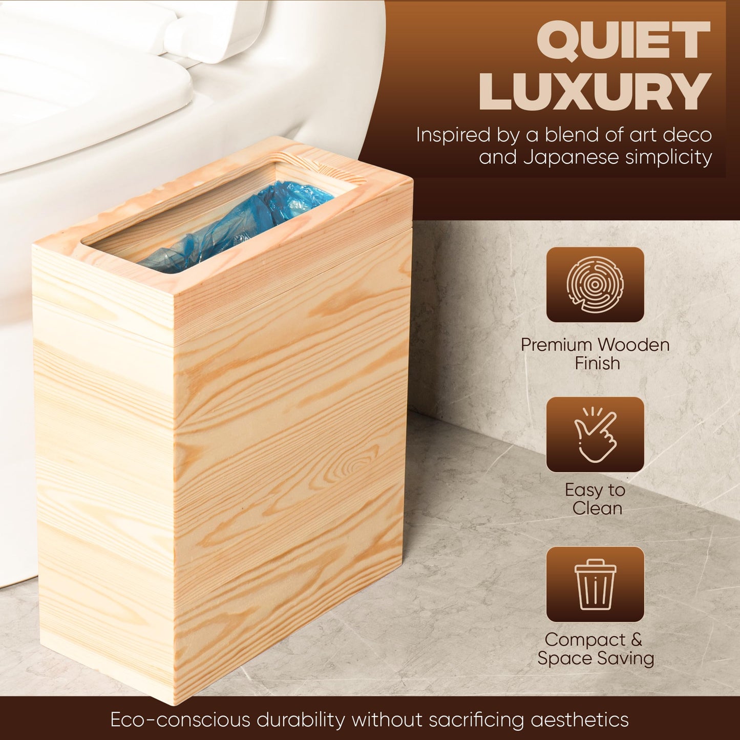 pamoak 2.3 Gallons Rectangular Wooden Trash Can | Trash Can with Bin Liners | Decorative Waste Basket | Recycling Bin for Bathroom | Natural Wood Finish Basket for Kitchen | Paper Basket for Office