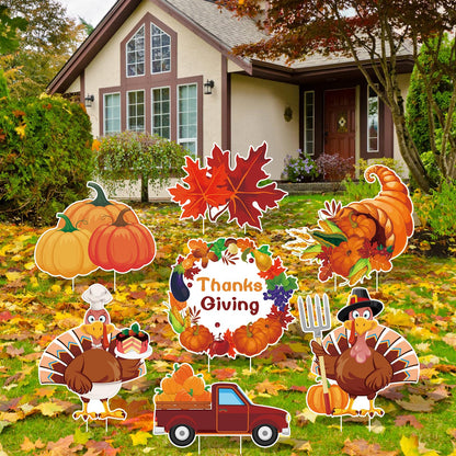 Arosche Thanksgiving Yard Signs 7pcs with Stakes Happy Thanksgiving Decorations Outdoor Turkey Pumpkin Leaf Harvest Garden Wall Porch Signs Seasonal Holiday Party Supplies Lawn Yard Decorations