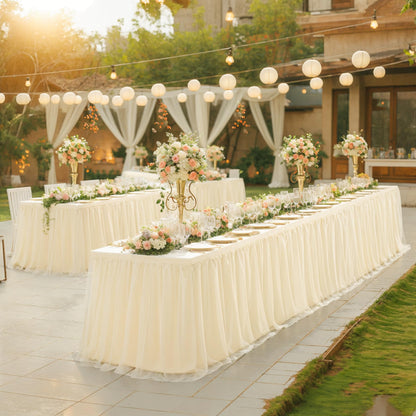 6ft Champagne Tulle Tablecloths for Rectangle Tables Stretch Rectangular Table Cloths Wrinkle Free 6 Foot Spandex Table Cover with Tutu Skirt for Wedding Birthday Party Banquet Buffet Cake Desk Skirt