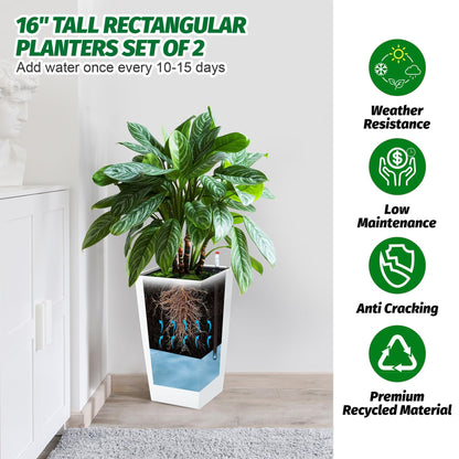 SierraSquad 16" Tall Planters Set of 2, Indoor & Outdoor Black Planter Pots, High Front Porch Planters with Drainage Holes, Water Level Monitor, and Inner Bucket, White