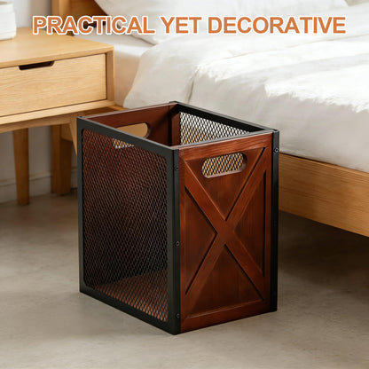 Rustic Office Trash Can - Rectangular Waste Basket with Iron Mesh, 4.5 Gallon Wooden Garbage Can, Bathroom Garbage Bin with Handles, Decorative Trash Can for Home Office Bedroom