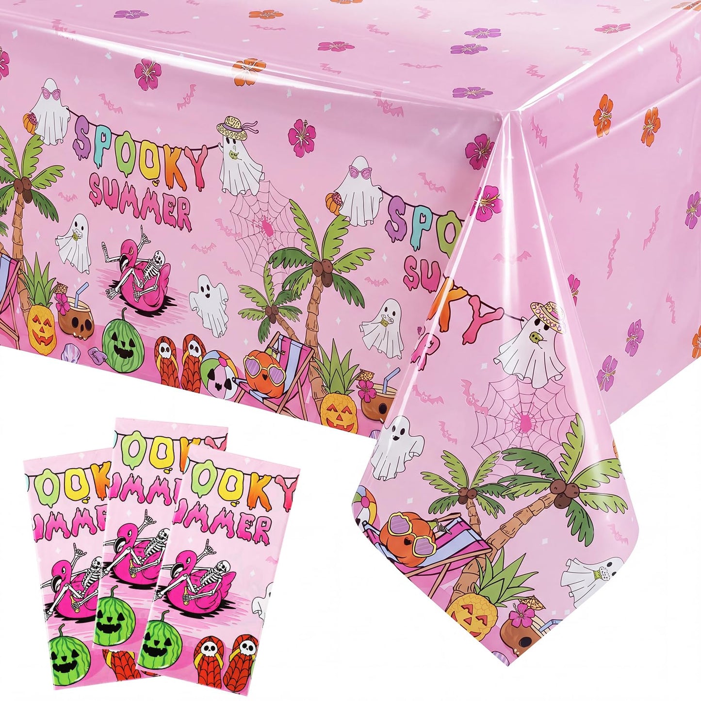 Hahafelt 3 Pack Summer Halloween Decorations Plastic Tablecloth Tropical Gothic Halloween in Summer Spooky Ghost Skull Pumpkin Table Cover for Beach Party Home Kitchen Decor 54 x 108 Inch(Flower)
