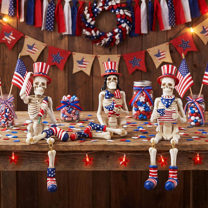 Soulchen 3 Pcs 4th of July Decorations Patriotic Skeleton Table Decor Skeleton Figurines Blue Red White American Flag Tabletop Decor for 250th Independence Day, Home Office Indoor Outdoor Party