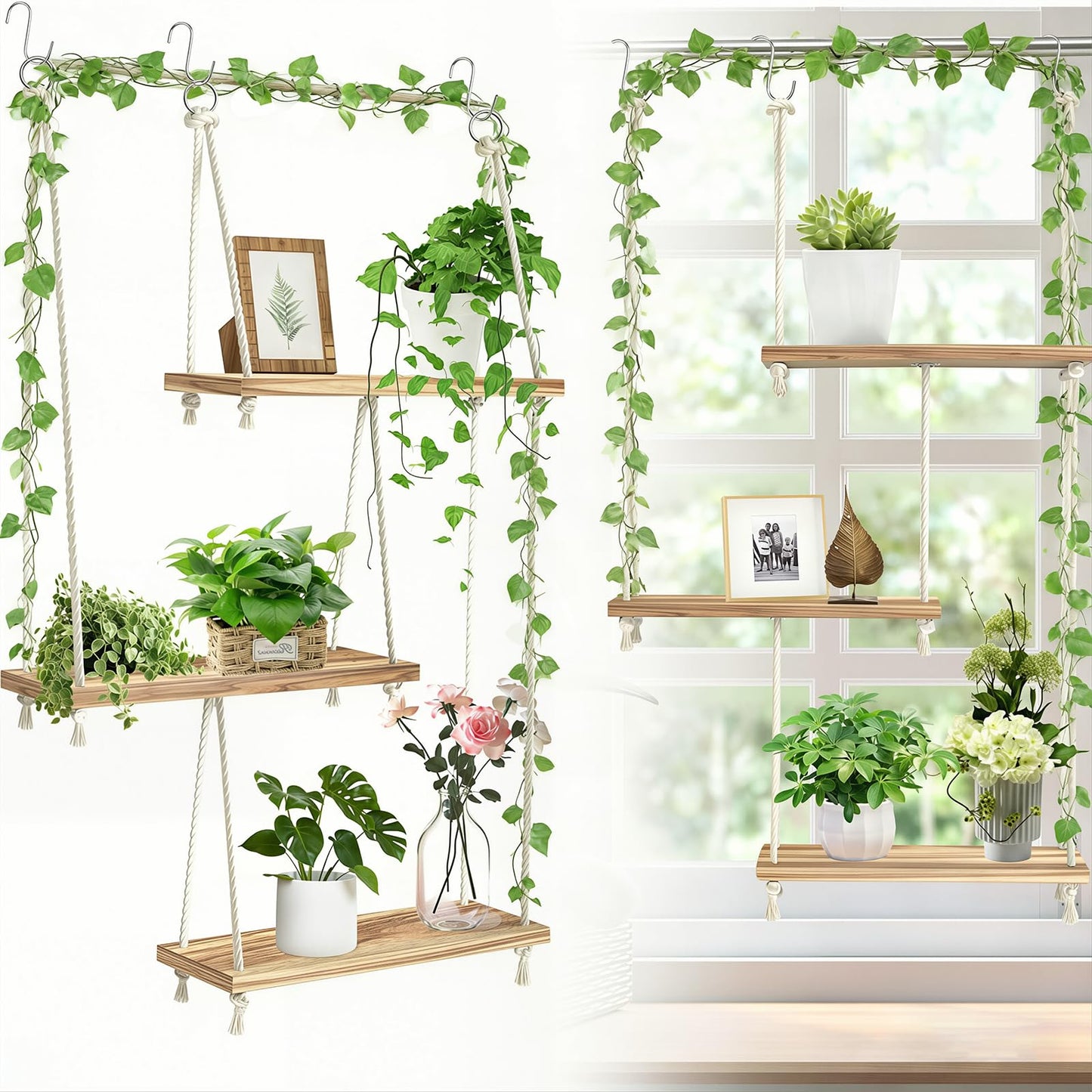 CMXZSAM Window Plant Shelves 3-Tier Boho Window Sill Plant Shelf Indoor Hanging Wood Window Plant Hanger for Plants Herb Garden, Flower, Succulents, Micro Greens, Seedling Pots Display Stand