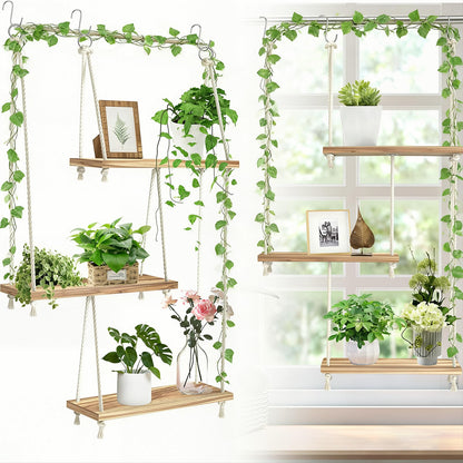 CMXZSAM Window Plant Shelves 3-Tier Boho Window Sill Plant Shelf Indoor Hanging Wood Window Plant Hanger for Plants Herb Garden, Flower, Succulents, Micro Greens, Seedling Pots Display Stand