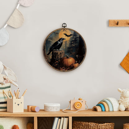 KFXHANGD Halloween Fall Raven Round Wall Art Framed, Gothic Crow Pumpkin Canvas Wall Art Decor, Halloween Fall Hanging Decor for Kitchen Bedroom Living Room, 10x10in