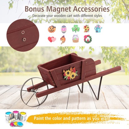 TANGZON Wheelbarrow Planter, Wooden Garden Wagon Planter Cart with 9 Magnetic Accessories, Wheel, 2 Handle, Outdoor Rustic Pine Wood Decorative Raised Plant Pot Stand for Patio Balcony (Reddish Brown)