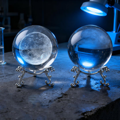 vskikris 2pcs Crystal Balls and 2 Silver Stands - 1 Clear and 1 3D Laser Moon Crystal Ball Paper Weights Collectible Figurines Gifts Photography Prop Home & Party Decor