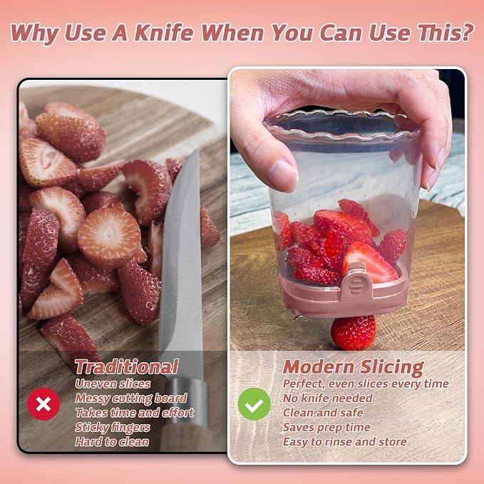 Strawberry Slicer Cup with Push Plate, Fruit Cutter Kitchen Gadget for Egg, Kiwi, Banana, Cucumber, Easy Fruit & Vegetable Slicer, Strawberry Cutter Tool for Quick Safe Cutting (Pink)