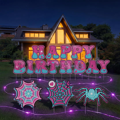 BrightRow 16 Pcs Spider Birthday Decorations Happy Birthday Yard Signs with Stakes and Lights 13" Weatherproof Yard Sign for Halloween Theme Outdoor Lawn Decor
