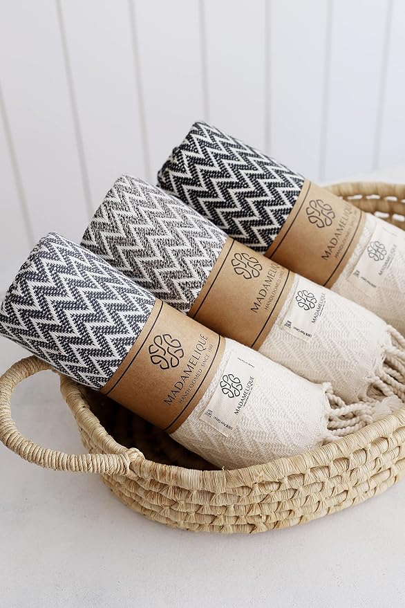 Madamelique Exclusive Hand Towels Set of 2-18 x 40 Inches - Decorative Bathroom Peshtemal Towel for Hand, Face, Hair, Yoga, Tea, Dishcloth, Kitchen and Bath - 100% Pure Cotton (Vintage Black)